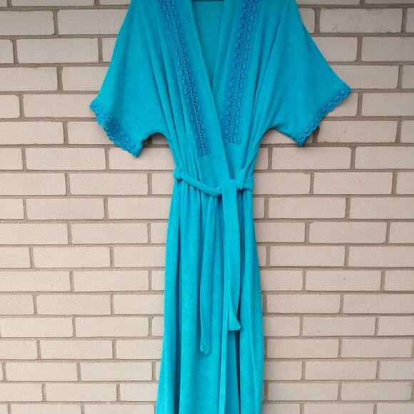 Vintage Housecoat Robe Wrap Front Blue Terrycloth Lace Size Medium Retro 70s 80s - Picture 2 of 8
